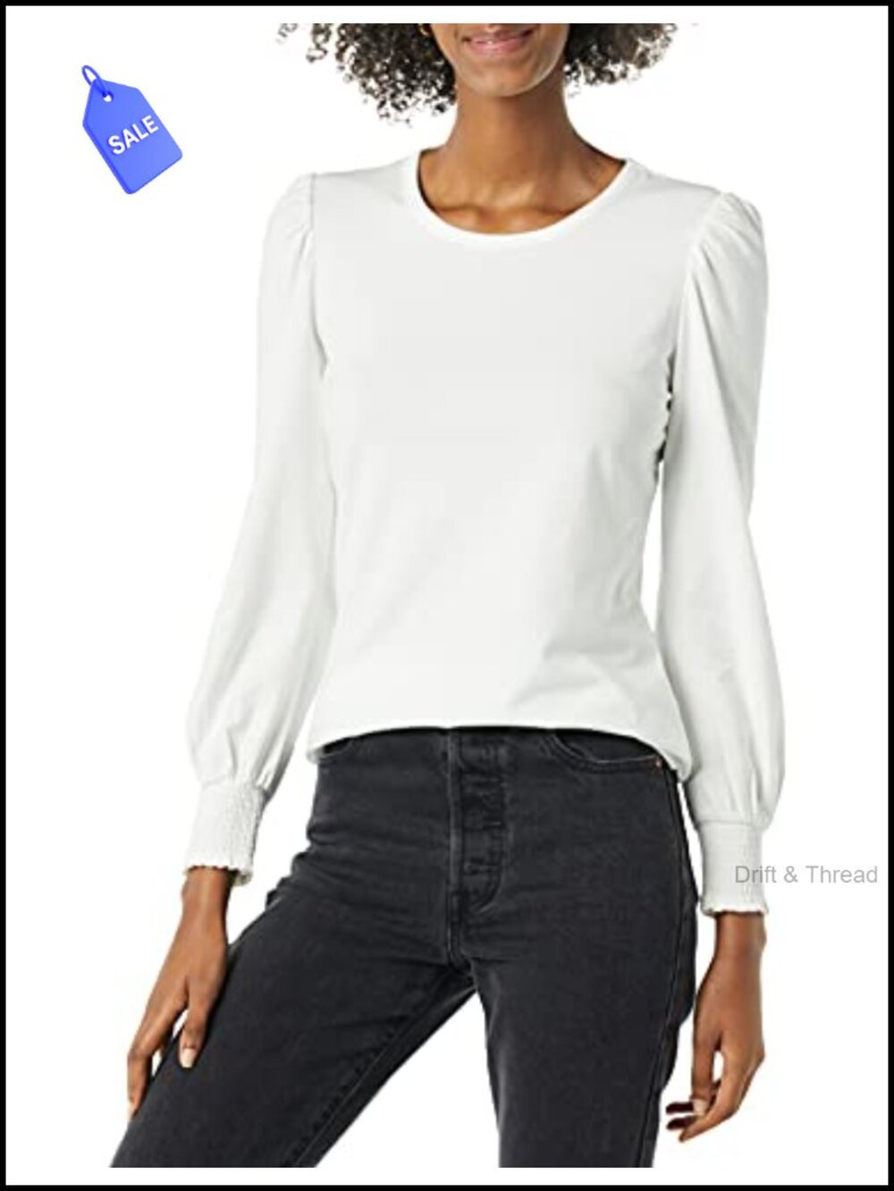 Long Sleeve Crewneck Smocked Cuff T-Shirt Blouson Sleeve Top